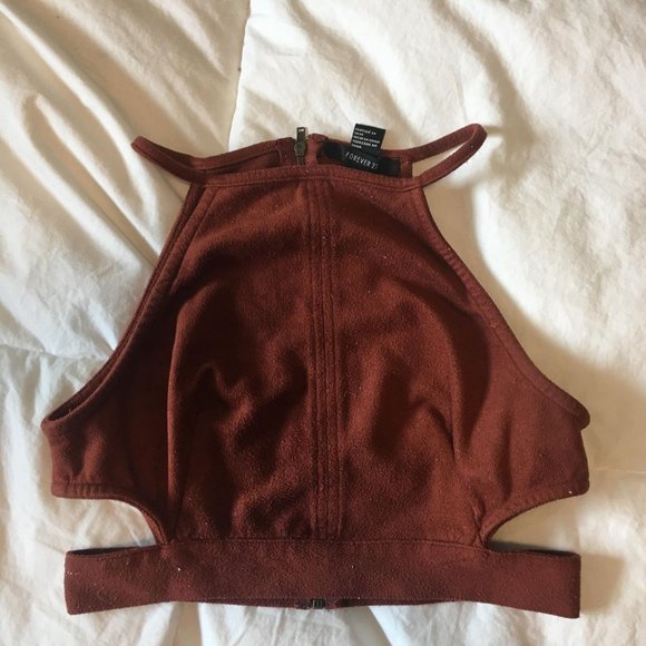 F21 Crop Velvet Brown Cut Out Crop Top Zip Back - Picture 1 of 4
